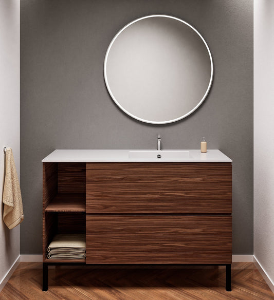 Aurora – Corian® Basin Unit with 2 Drawers, 2 Side Shelves, and Feet-Standing Vanity - ROVALUX
