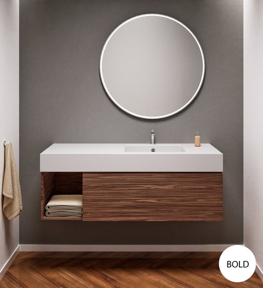 Aurora Single Set – Corian Basi & Countertop with 1 Drawer Vanity & Side Shelf - ROVALUX