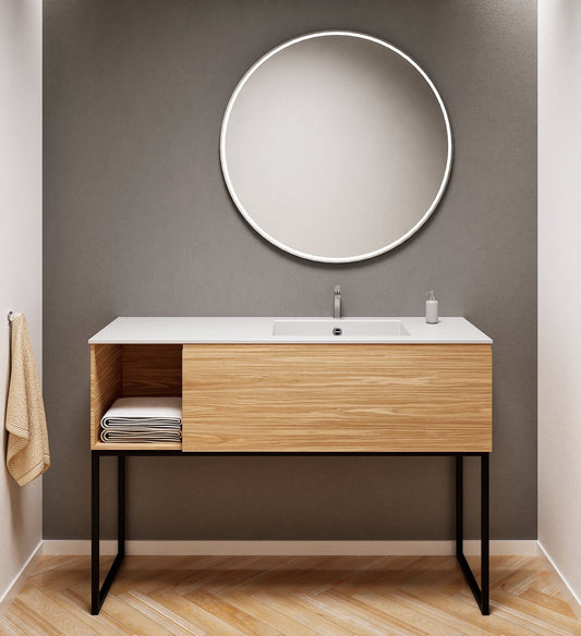 Aurora Single Set with Supporting Legs – Corian Basi & Countertop with 1 Drawer Vanity & Side Shelf - ROVALUX