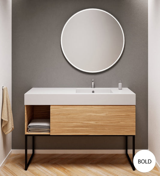 Aurora Single Set with Supporting Legs – Corian Basi & Countertop with 1 Drawer Vanity & Side Shelf - ROVALUX