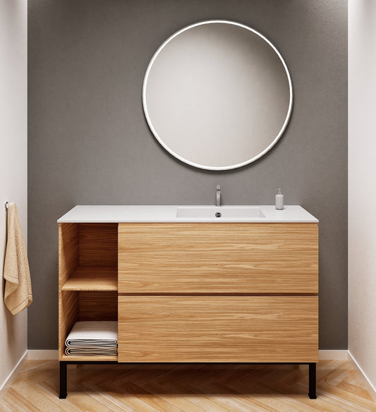 Aurora Single Set With Supporting Legs - Corian Sink & Countertop with 2 Drawers Vanity & Side Shelves - ROVALUX