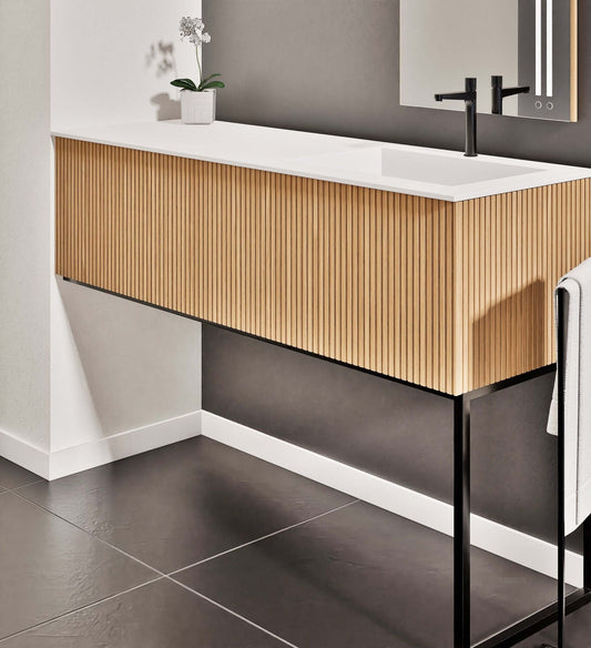 Fluvia Single Left Wall Set with Supporting Legs – Corian® Sink & Countertop with 1 Main Drawer & Concealed Inner Drawer - ROVALUX