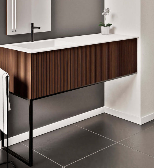 Fluvia – Corian® Countertop & Basin with 1 Drawer and Inner Pull-Out, Right Side Wall-Mounted with Support Legs - ROVALUX