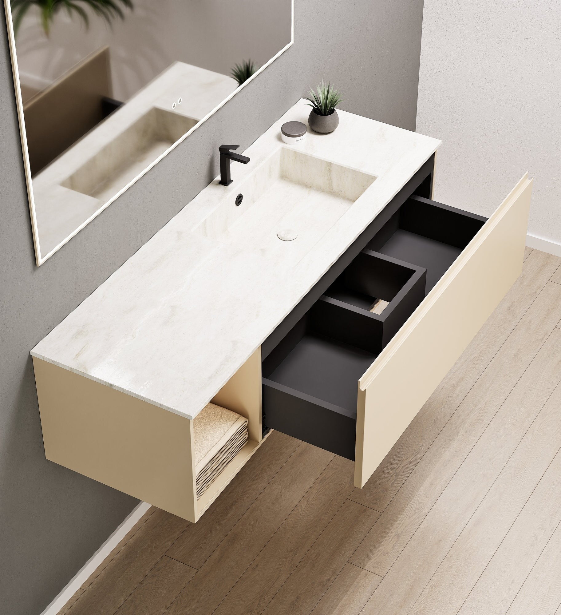 Alba – Corian® Basin Unit with 2 Stacked Drawers vanity & 2 Side Shelves - Rovalux