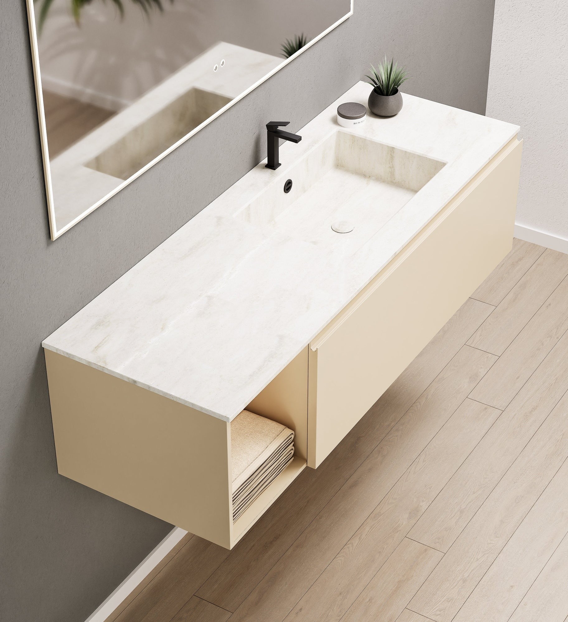 Alba – Corian® Basin Unit with 2 Stacked Drawers vanity & 2 Side Shelves - Rovalux