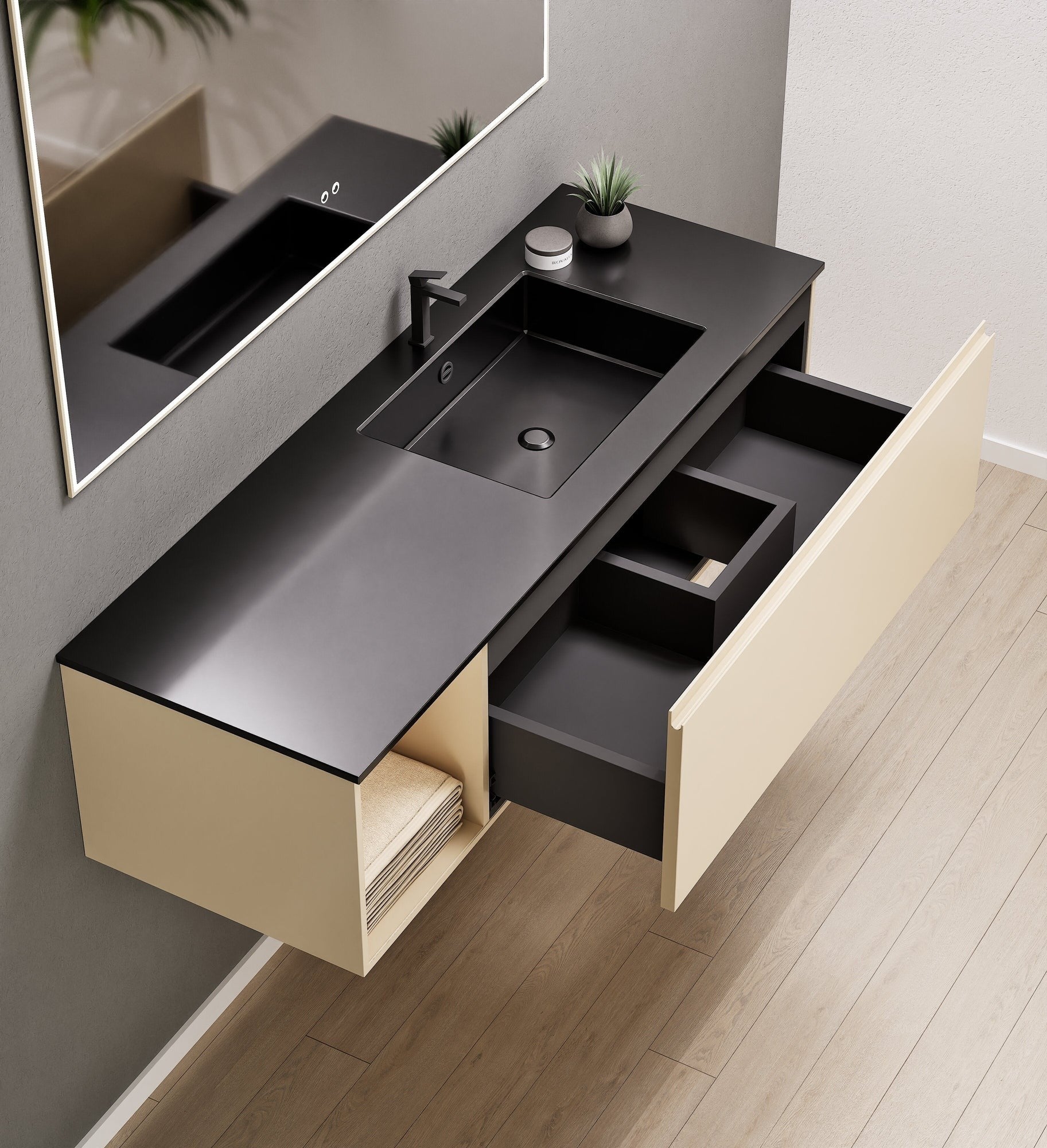 Alba – Corian® Basin Unit with 2 Stacked Drawers vanity & 2 Side Shelves - Rovalux