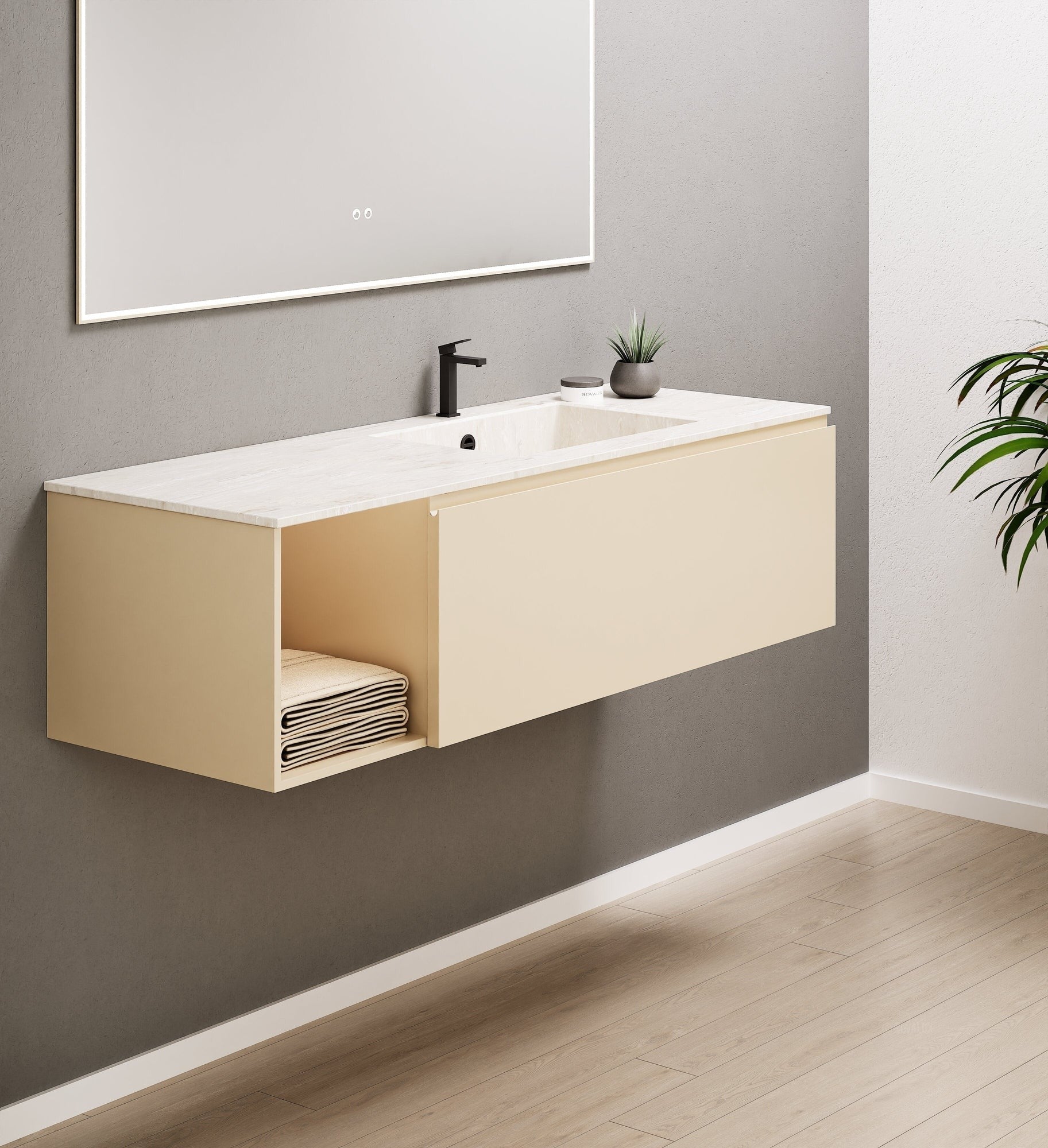 Alba – Corian® Basin Unit with 2 Stacked Drawers vanity & 2 Side Shelves - Rovalux