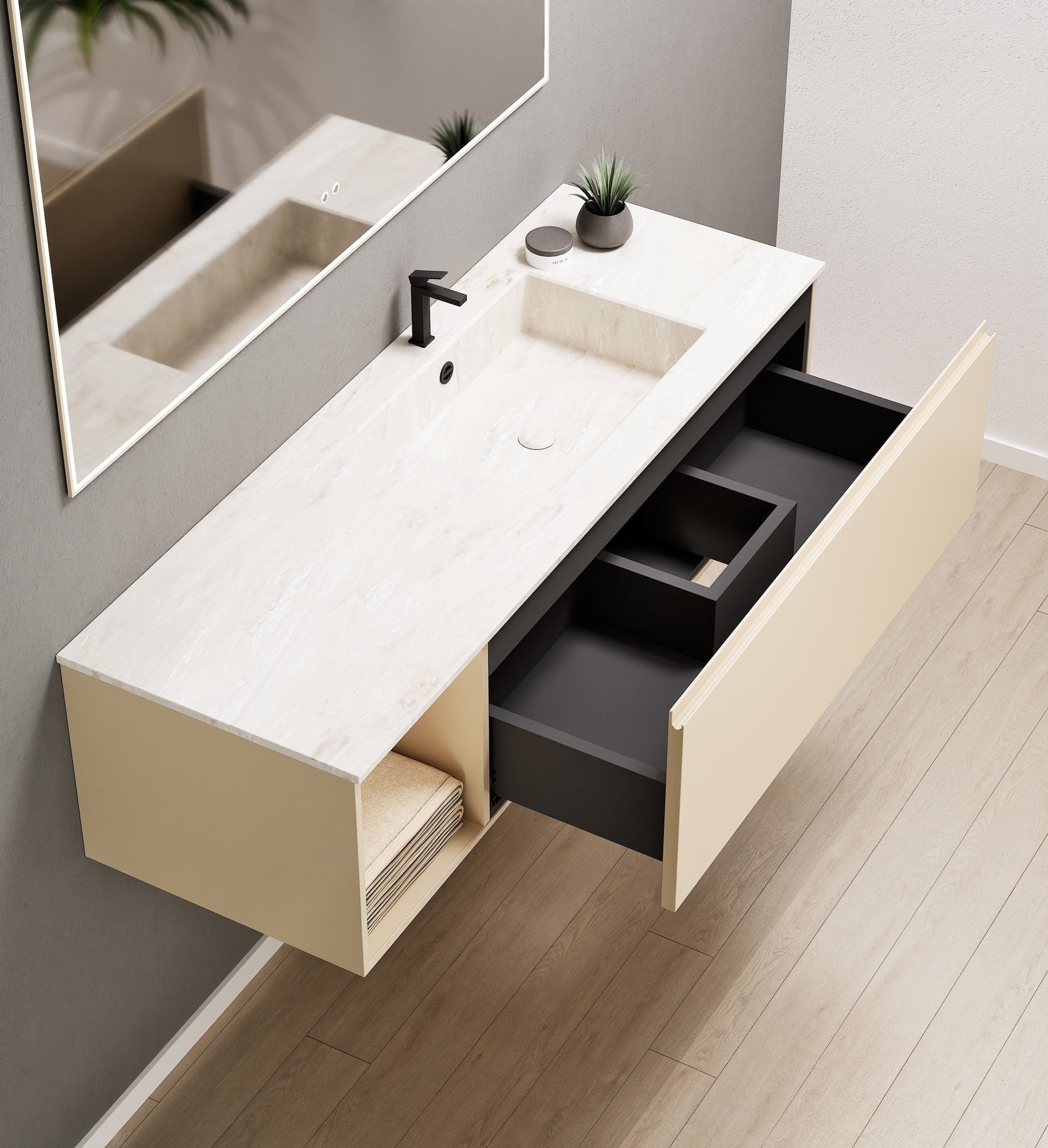 Alba – Corian® Basin Unit with 2 Stacked Drawers vanity & 2 Side Shelves - Rovalux