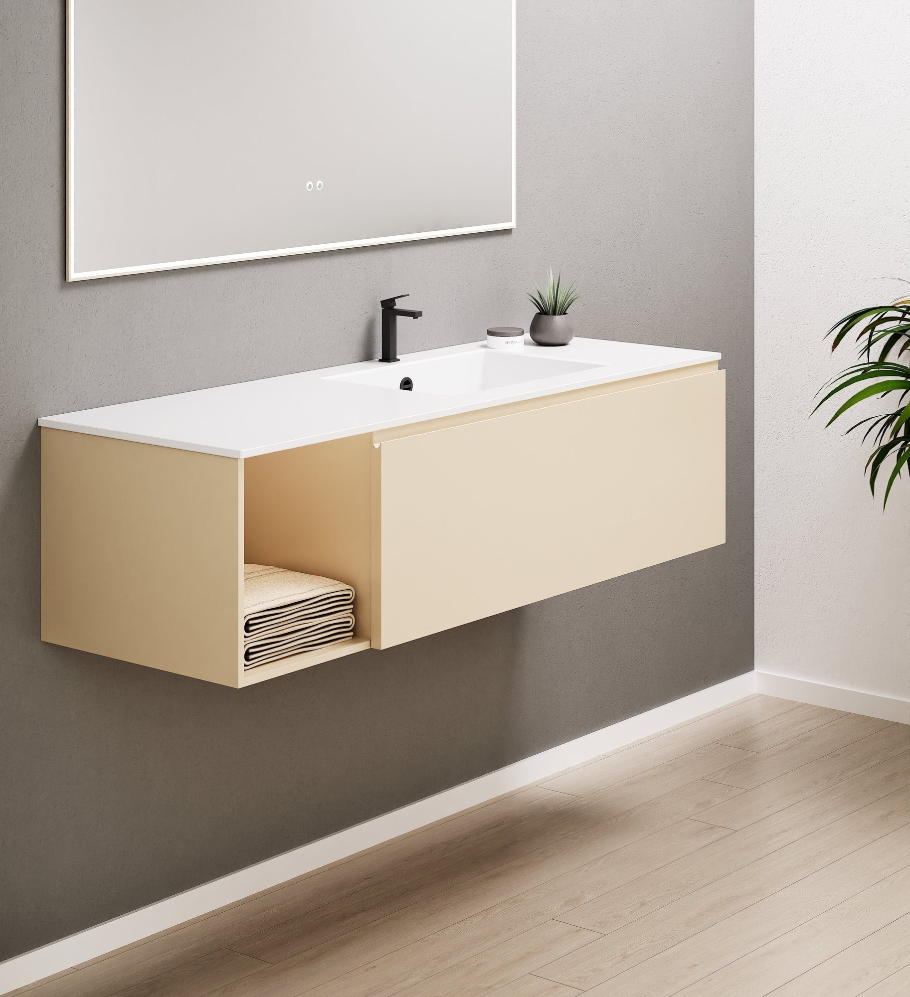 Alba – Corian® Basin Unit with 2 Stacked Drawers vanity & 2 Side Shelves - Rovalux