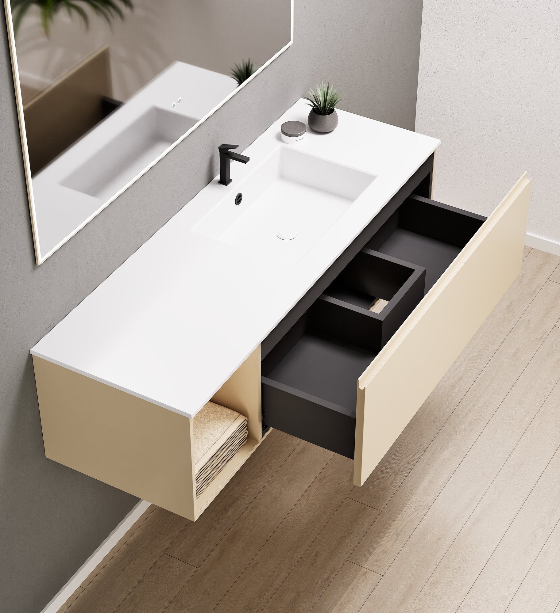 Alba – Corian® Basin Unit with 2 Stacked Drawers vanity & 2 Side Shelves - Rovalux