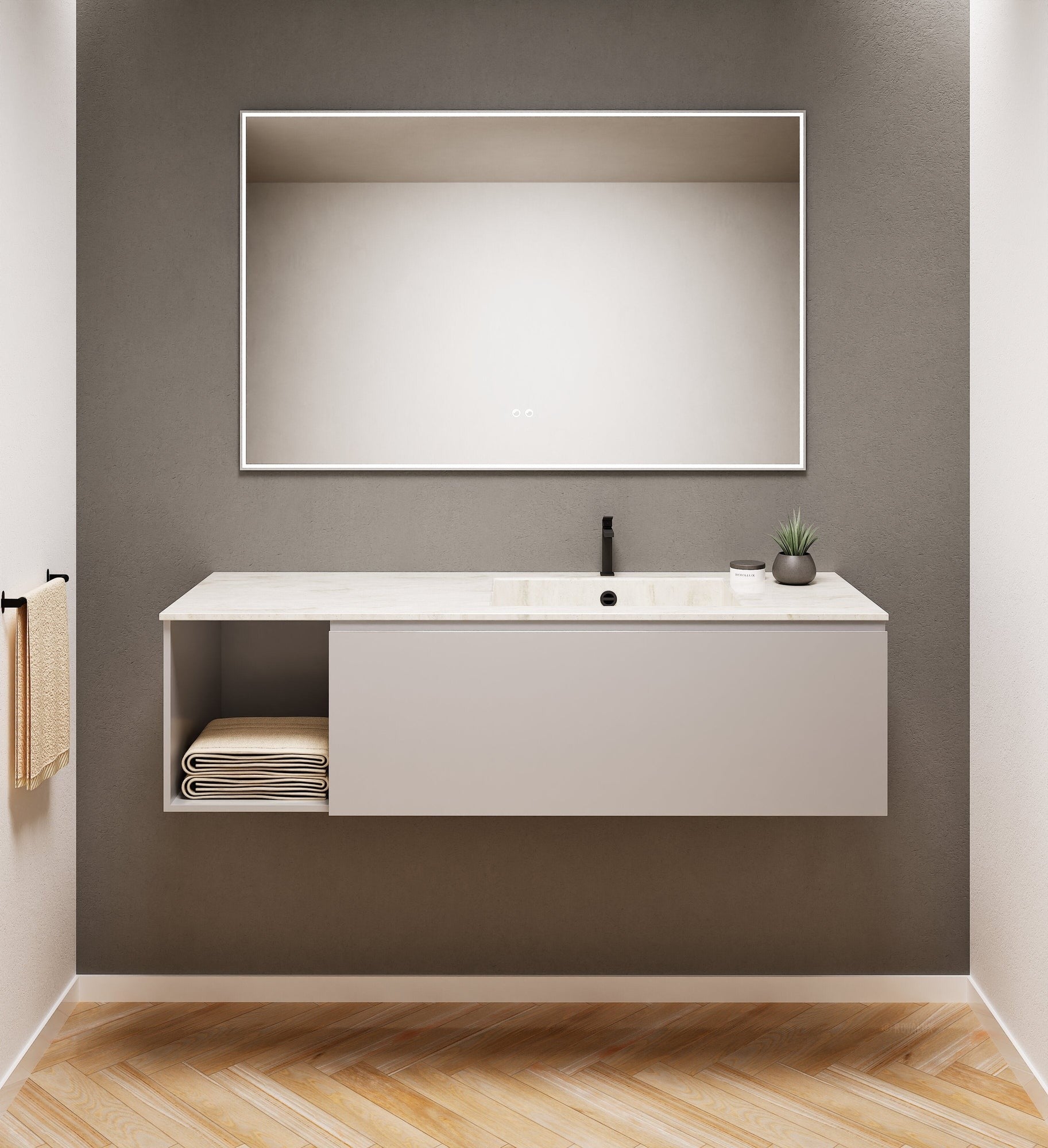 Alba – Corian® Basin Unit with 2 Stacked Drawers vanity & 2 Side Shelves - Rovalux
