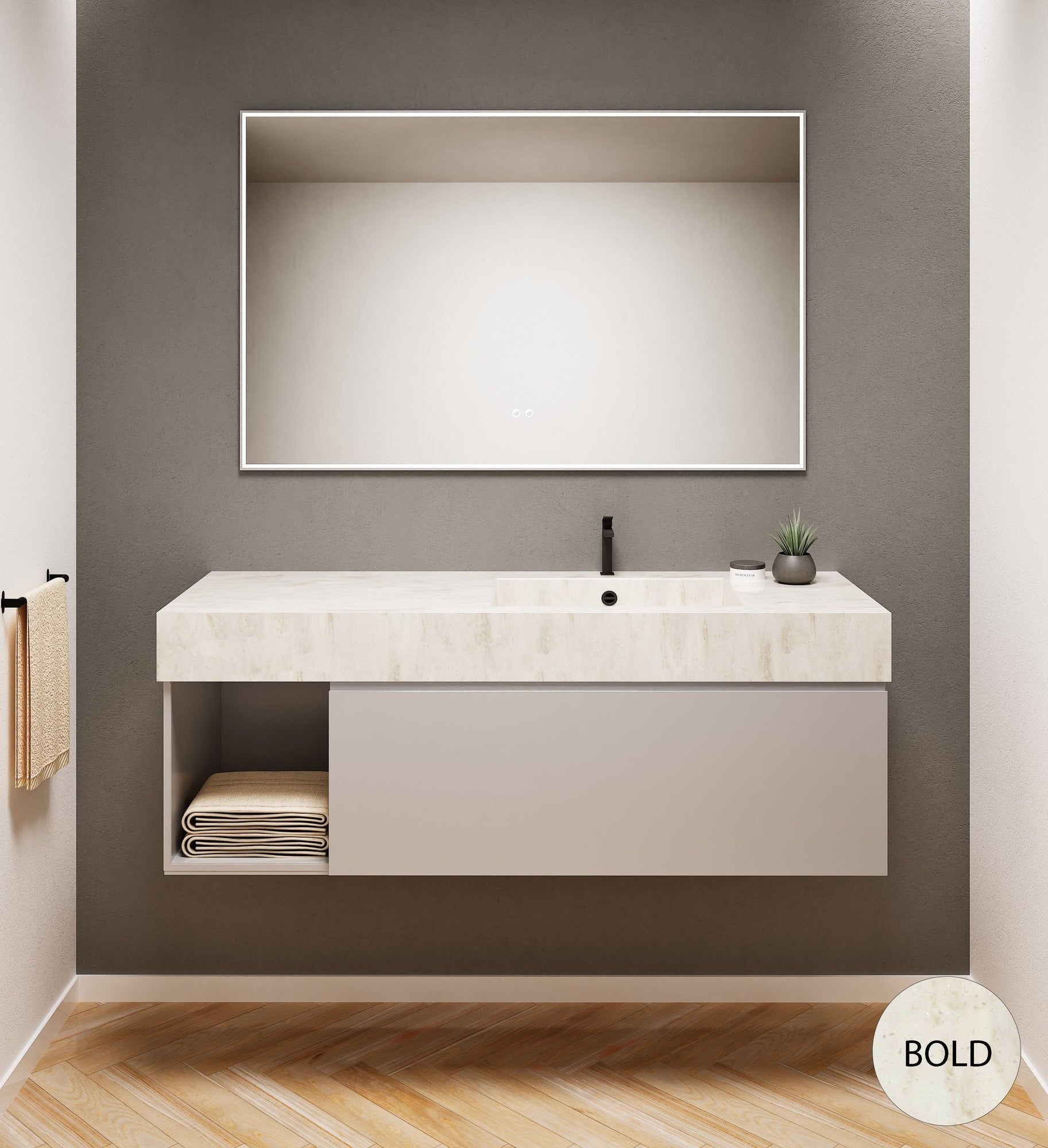 Alba – Corian® Basin Unit with 2 Stacked Drawers vanity & 2 Side Shelves - Rovalux