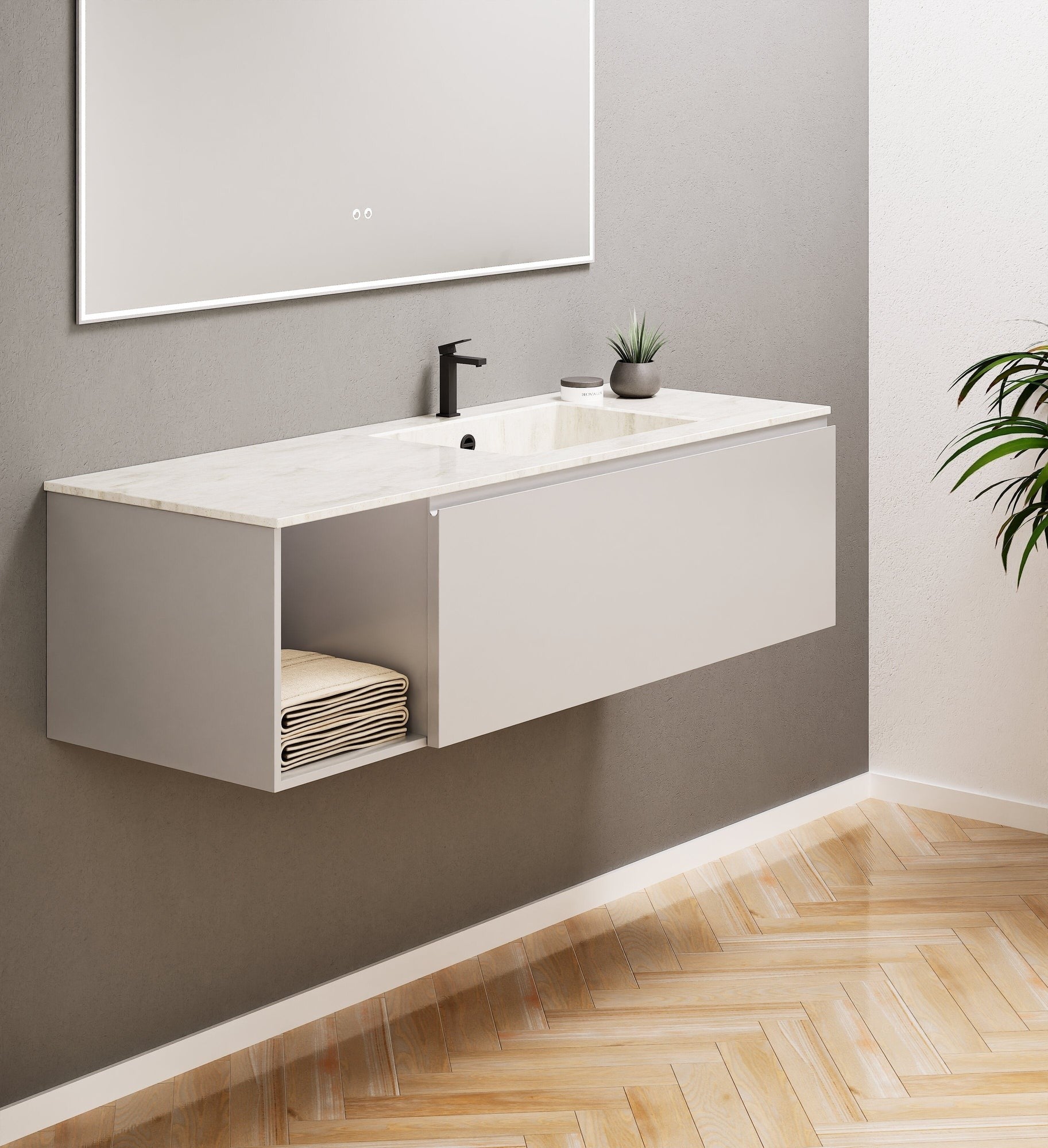Alba – Corian® Basin Unit with 2 Stacked Drawers vanity & 2 Side Shelves - Rovalux