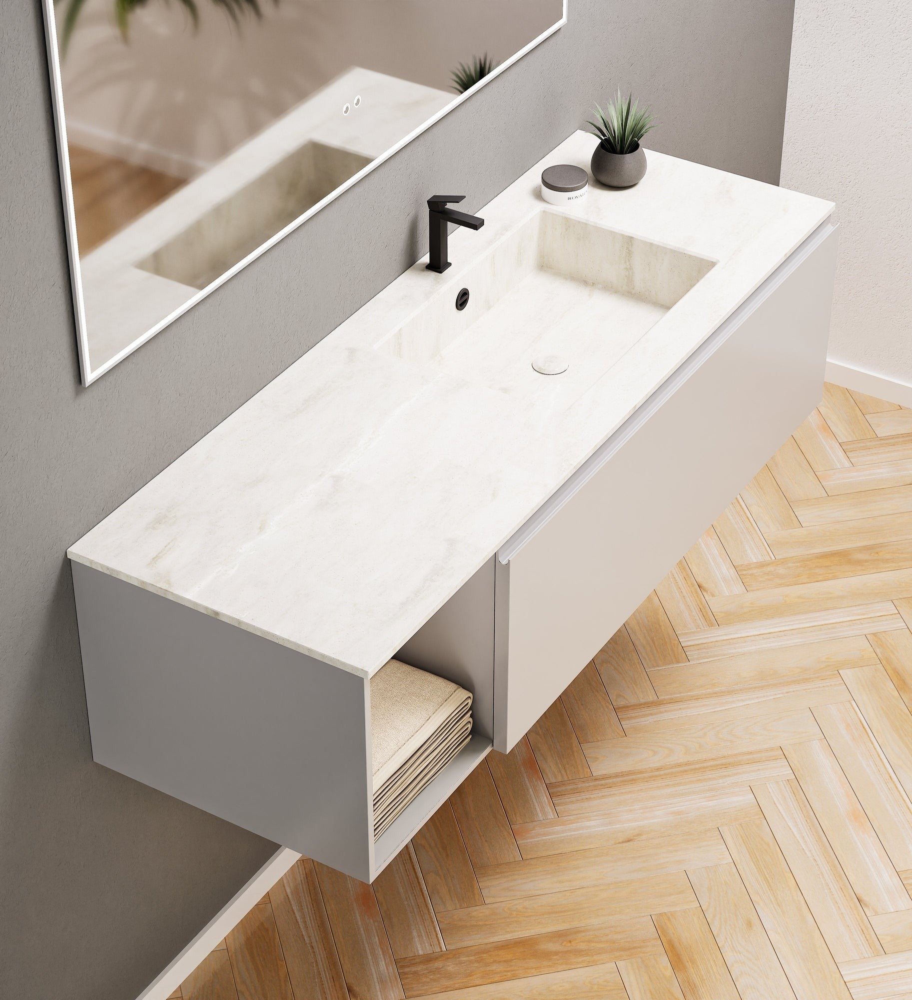 Alba – Corian® Basin Unit with 2 Stacked Drawers vanity & 2 Side Shelves - Rovalux