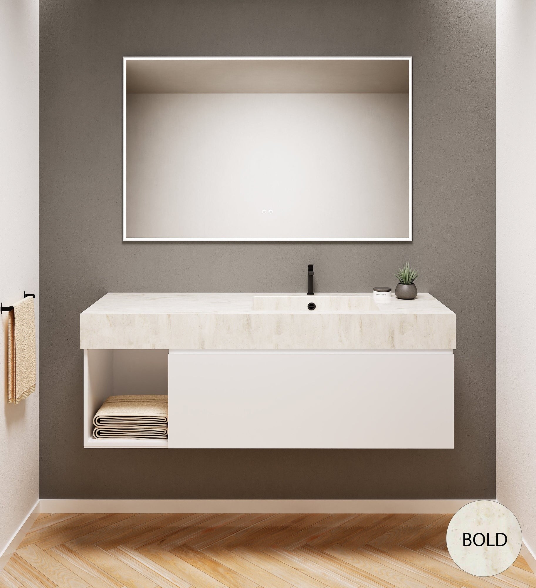 Alba – Corian® Basin Unit with 2 Stacked Drawers vanity & 2 Side Shelves - Rovalux