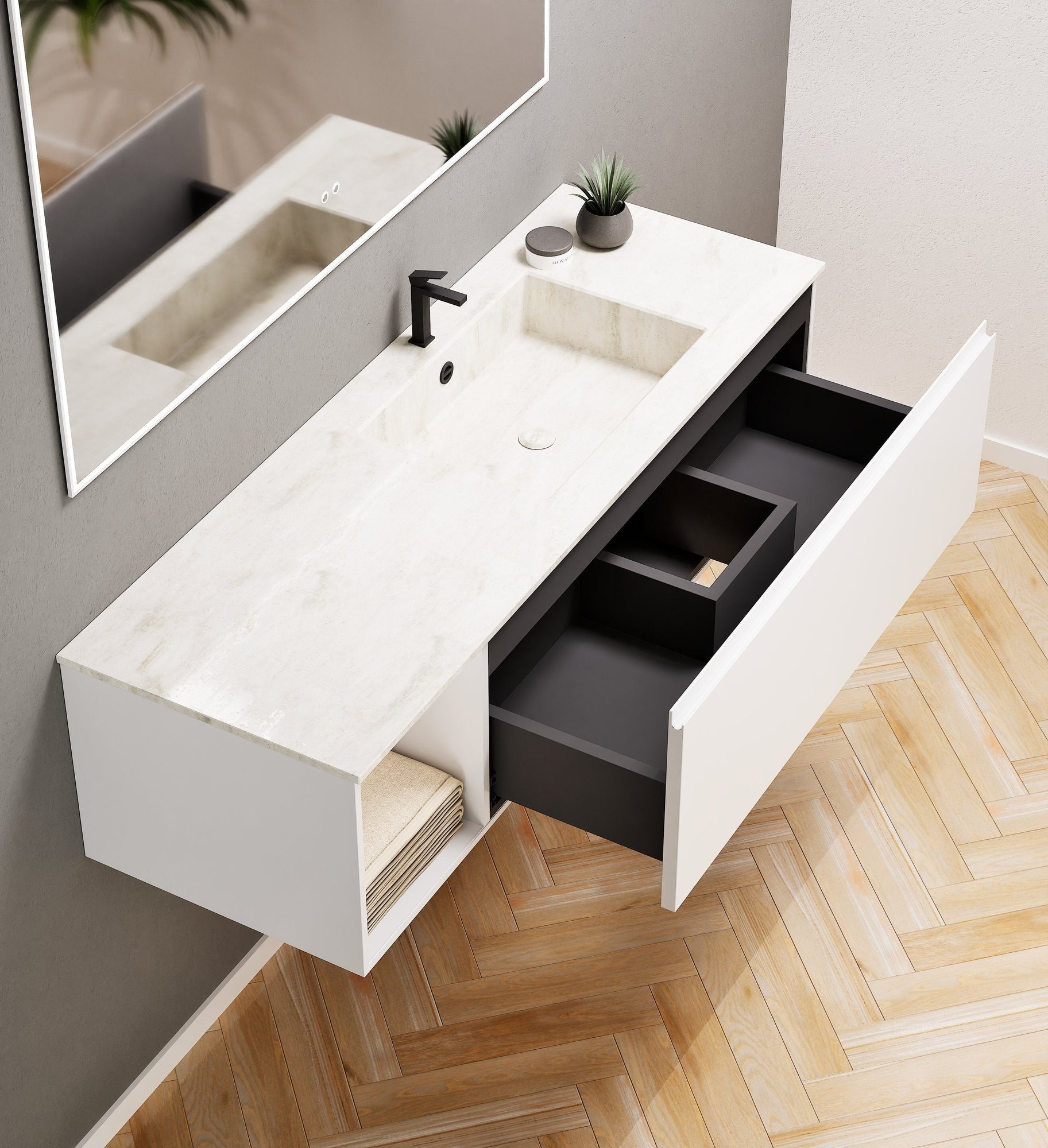 Alba – Corian® Basin Unit with 2 Stacked Drawers vanity & 2 Side Shelves - Rovalux