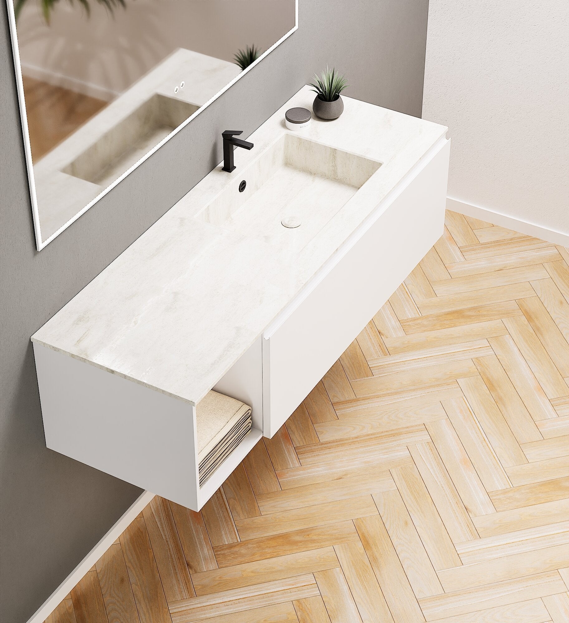 Alba – Corian® Basin Unit with 2 Stacked Drawers vanity & 2 Side Shelves - Rovalux