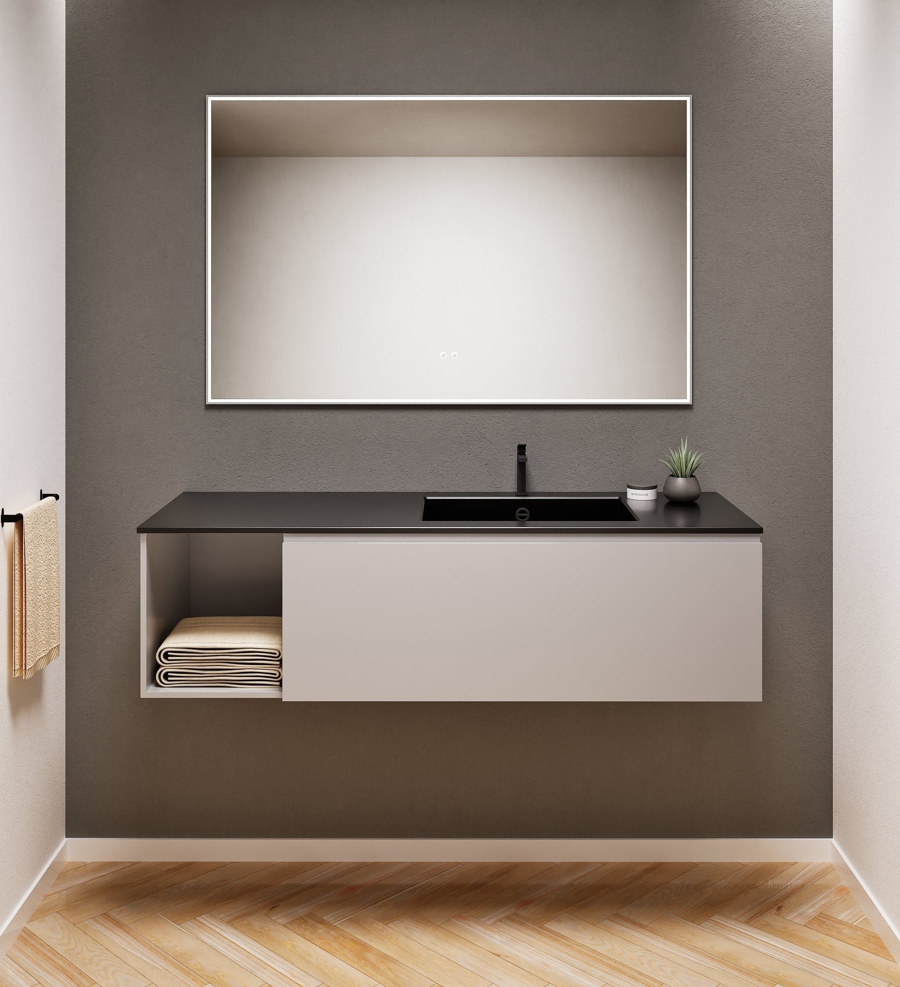 Alba – Corian® Basin Unit with 2 Stacked Drawers vanity & 2 Side Shelves - Rovalux