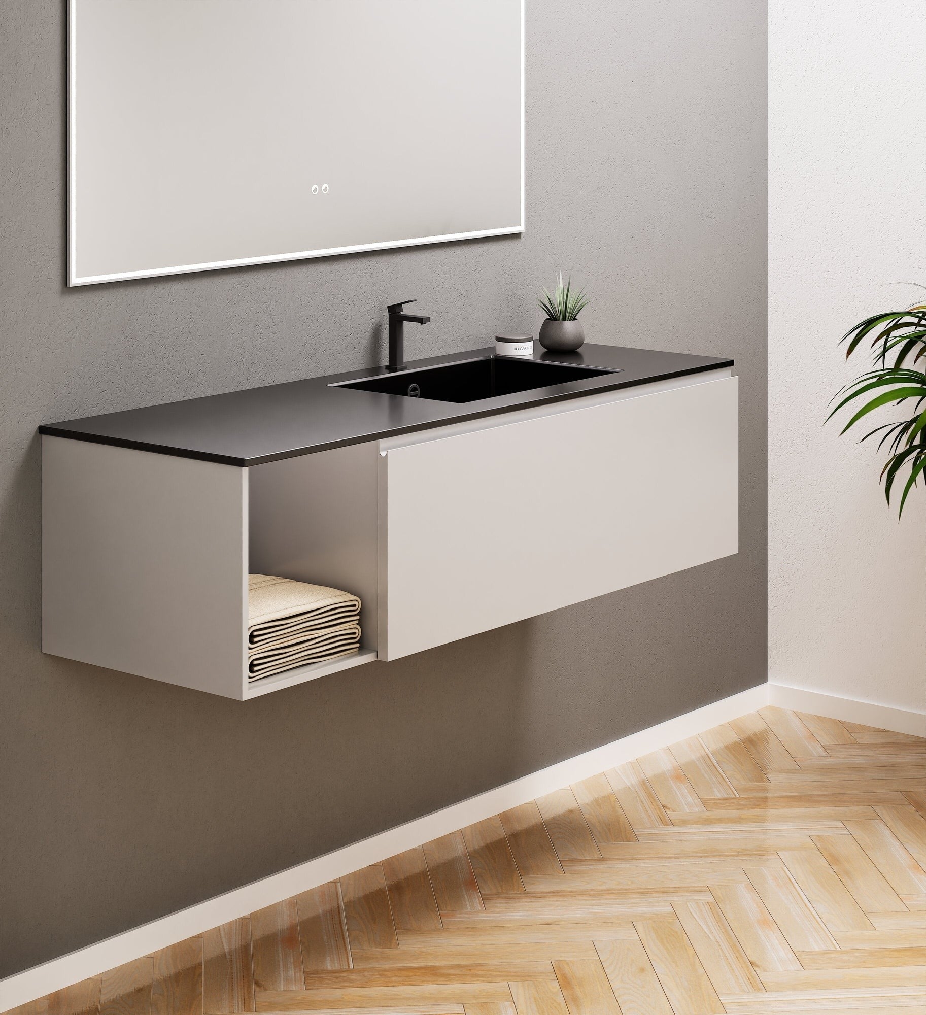 Alba – Corian® Basin Unit with 2 Stacked Drawers vanity & 2 Side Shelves - Rovalux