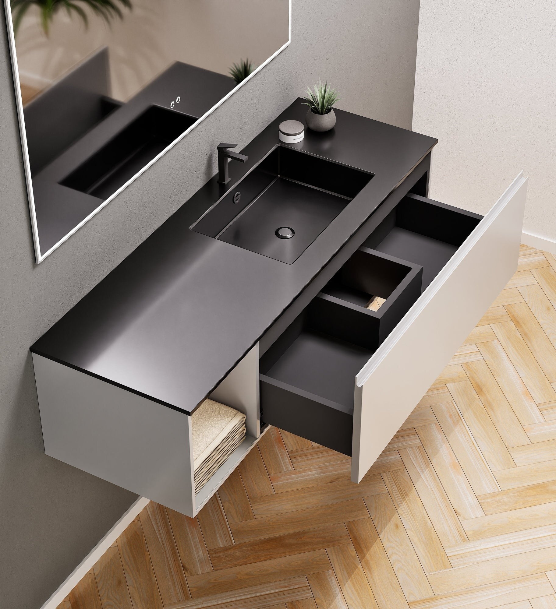 Alba – Corian® Basin Unit with 2 Stacked Drawers vanity & 2 Side Shelves - Rovalux