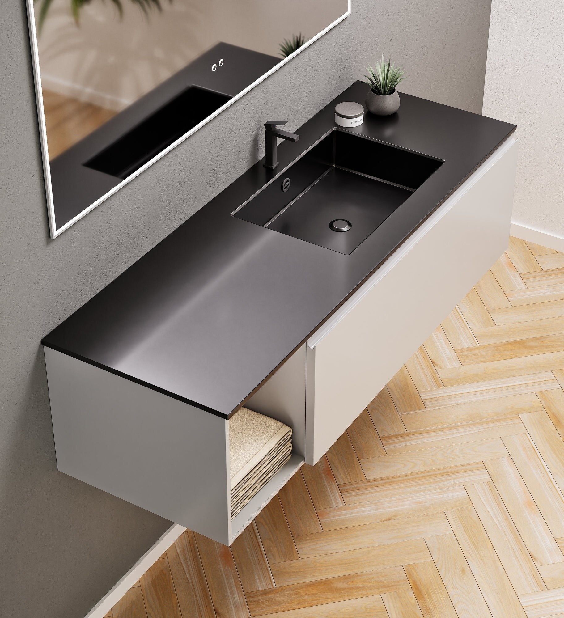 Alba – Corian® Basin Unit with 2 Stacked Drawers vanity & 2 Side Shelves - Rovalux