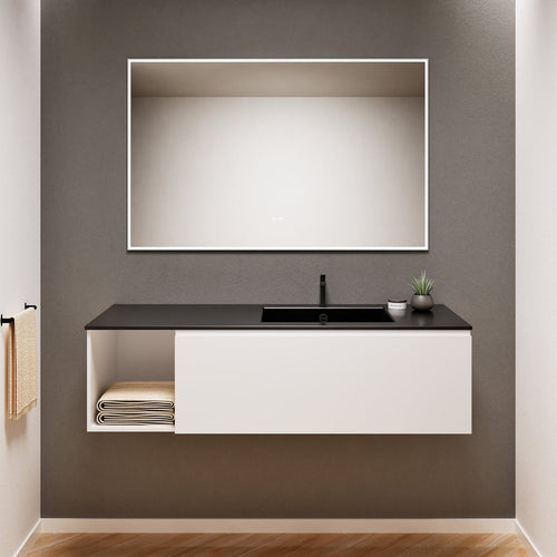 Alba – Corian® Basin Unit with 2 Stacked Drawers vanity & 2 Side Shelves - Rovalux