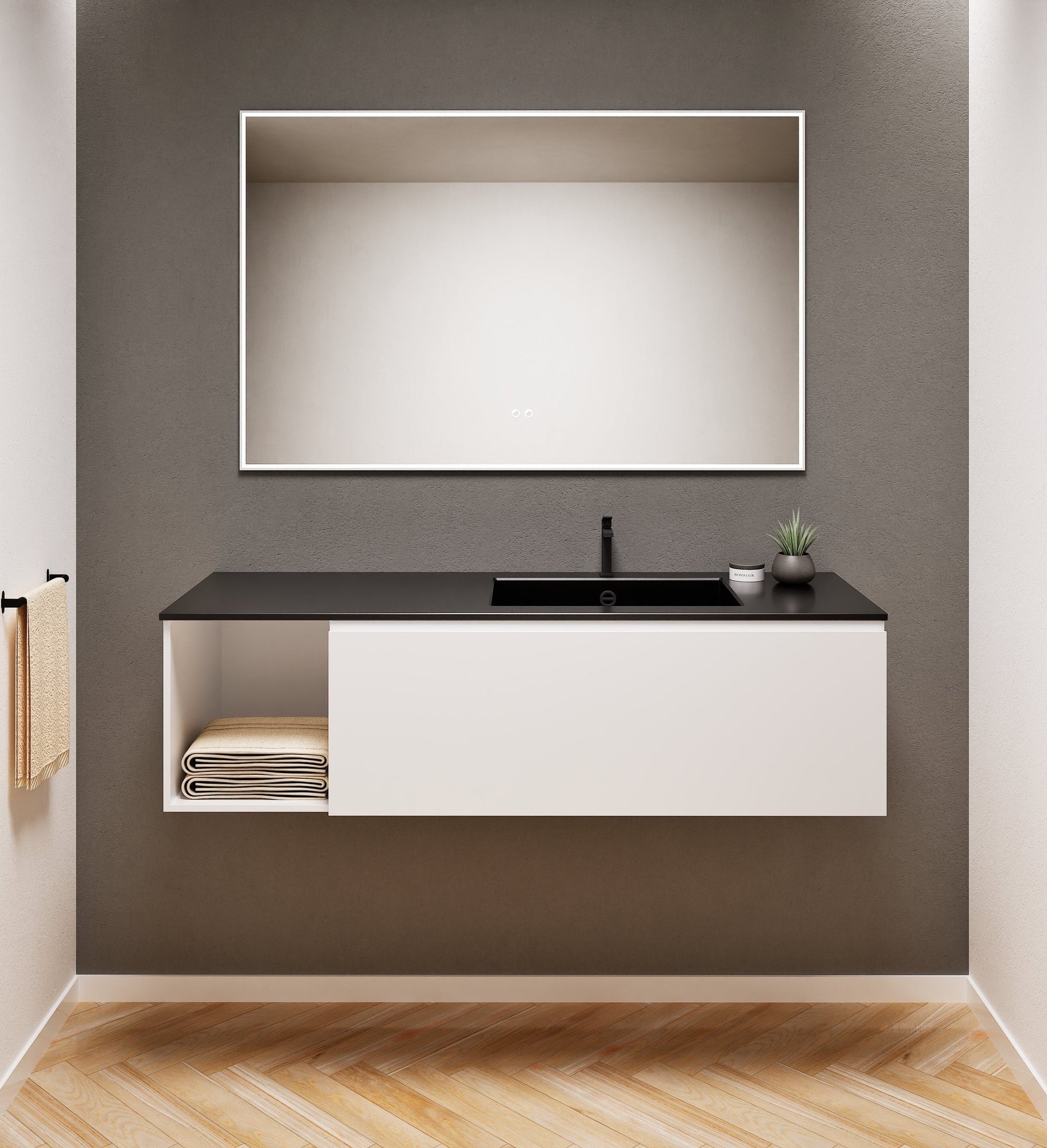 Alba – Corian® Basin Unit with 2 Stacked Drawers vanity & 2 Side Shelves - Rovalux