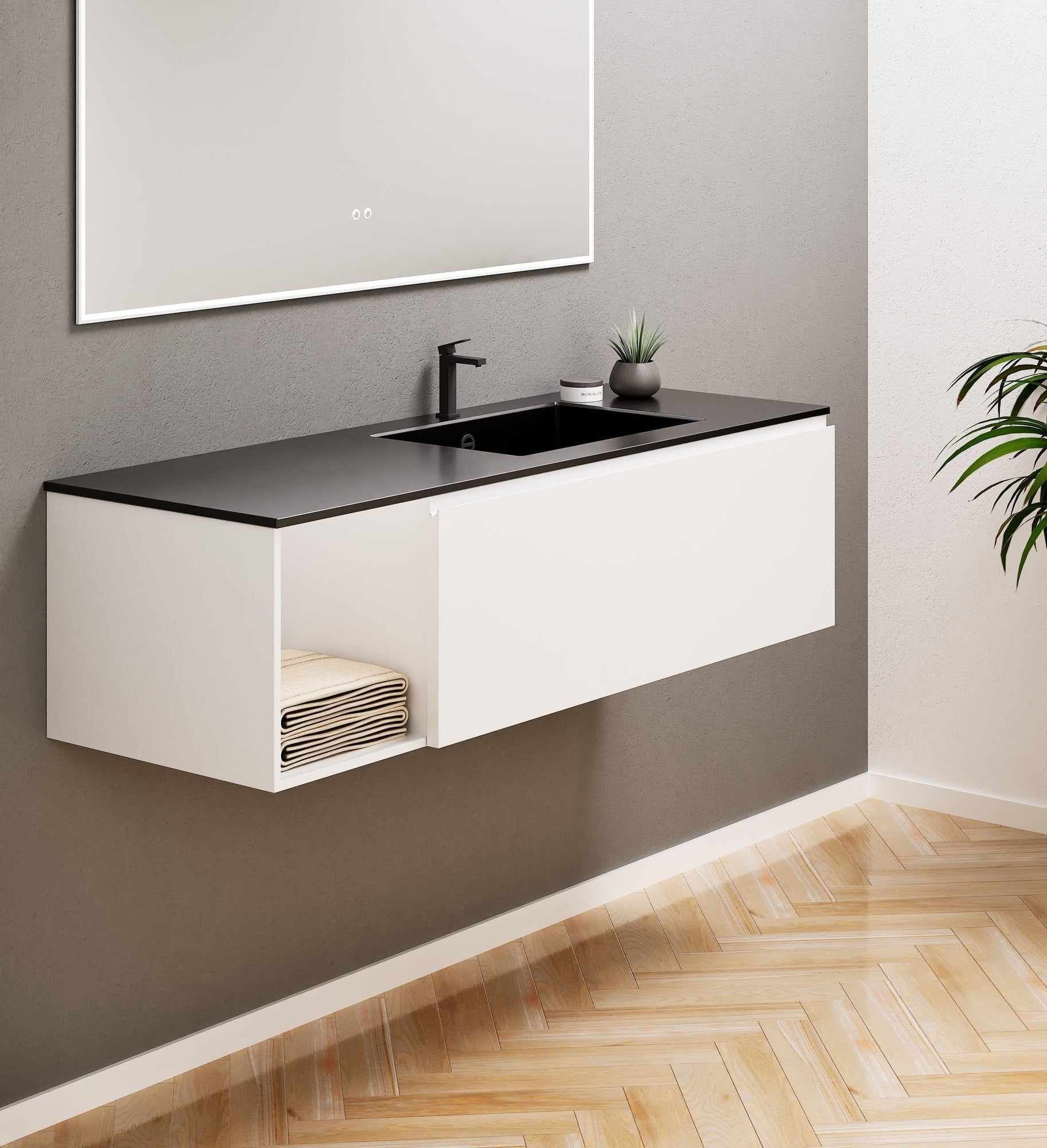 Alba – Corian® Basin Unit with 2 Stacked Drawers vanity & 2 Side Shelves - Rovalux