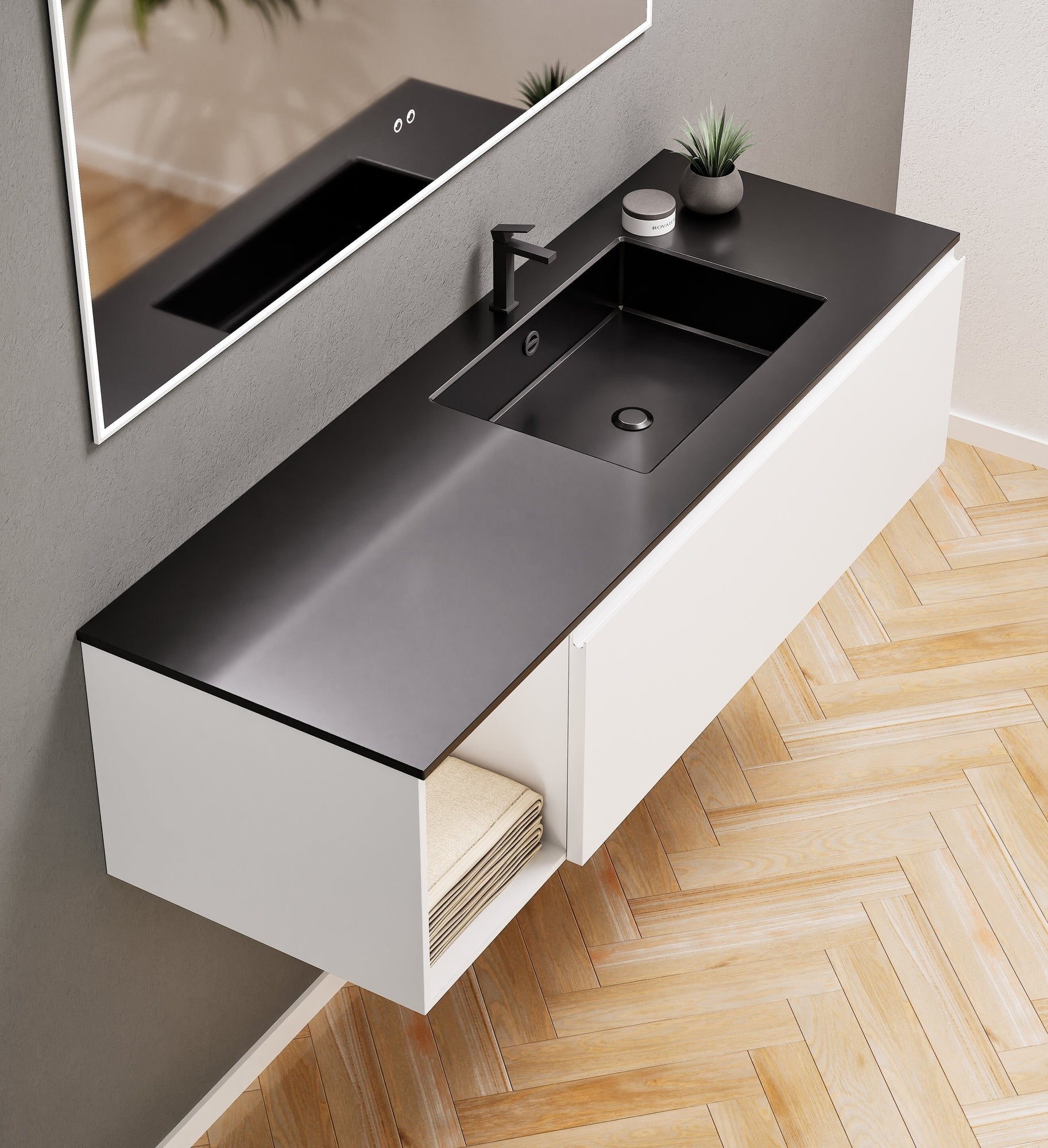 Alba – Corian® Basin Unit with 2 Stacked Drawers vanity & 2 Side Shelves - Rovalux