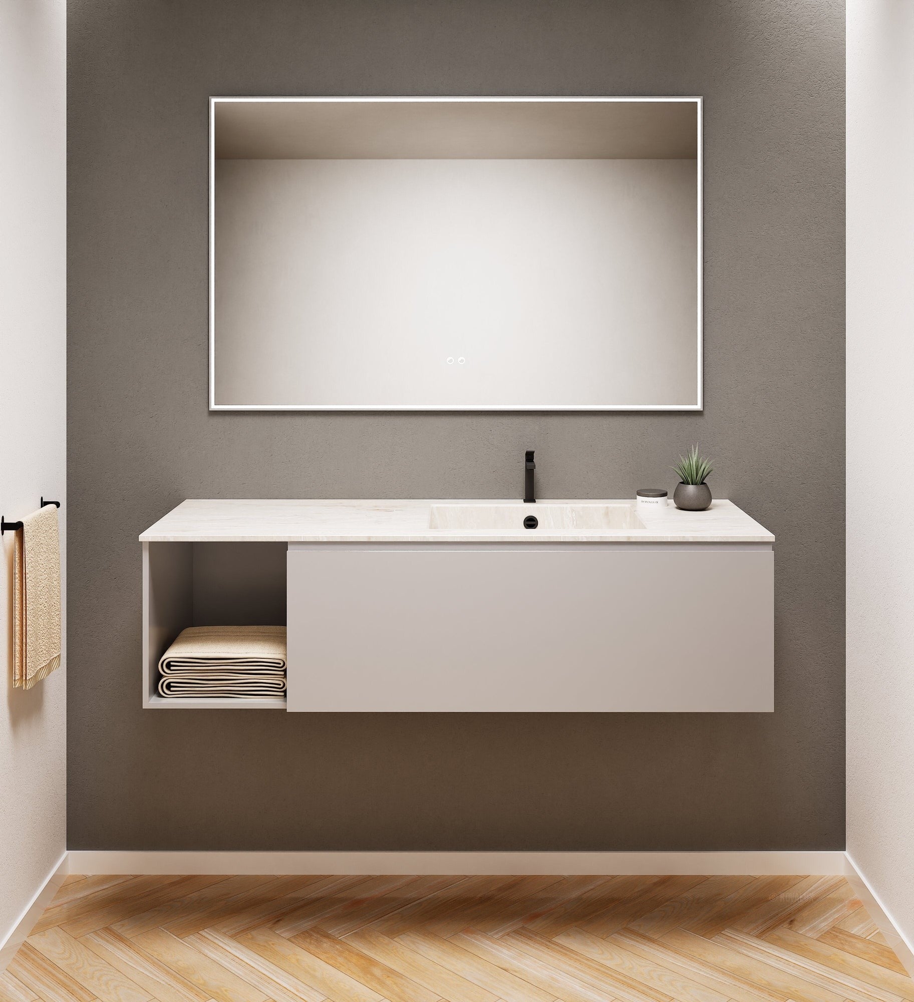 Alba – Corian® Basin Unit with 2 Stacked Drawers vanity & 2 Side Shelves - Rovalux