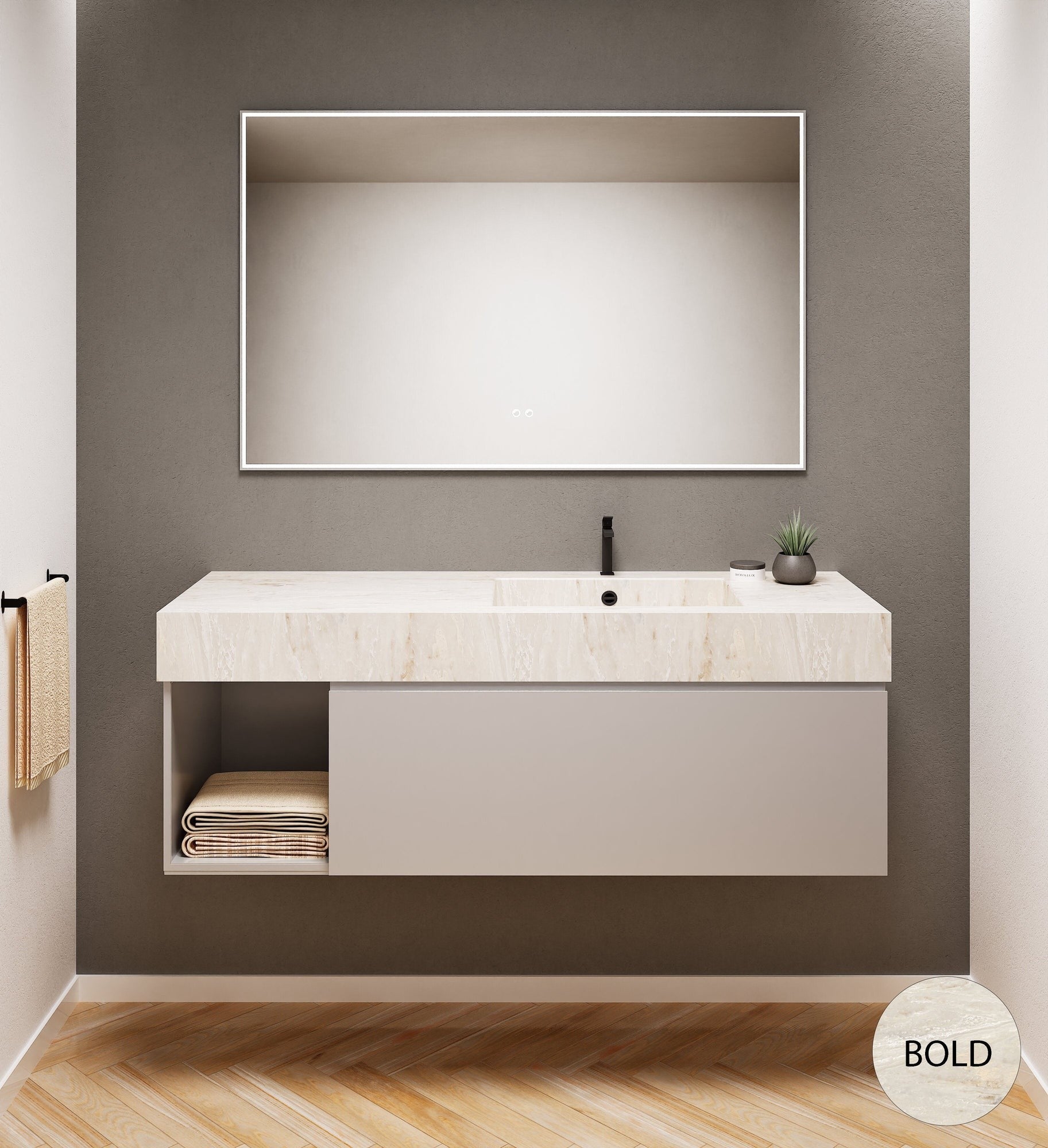 Alba – Corian® Basin Unit with 2 Stacked Drawers vanity & 2 Side Shelves - Rovalux