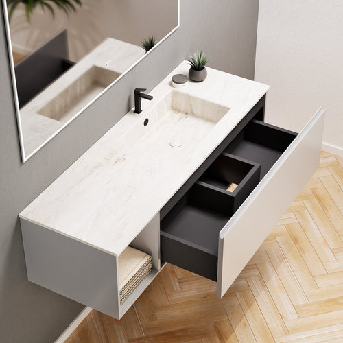 Alba – Corian® Basin Unit with 2 Stacked Drawers vanity & 2 Side Shelves - Rovalux