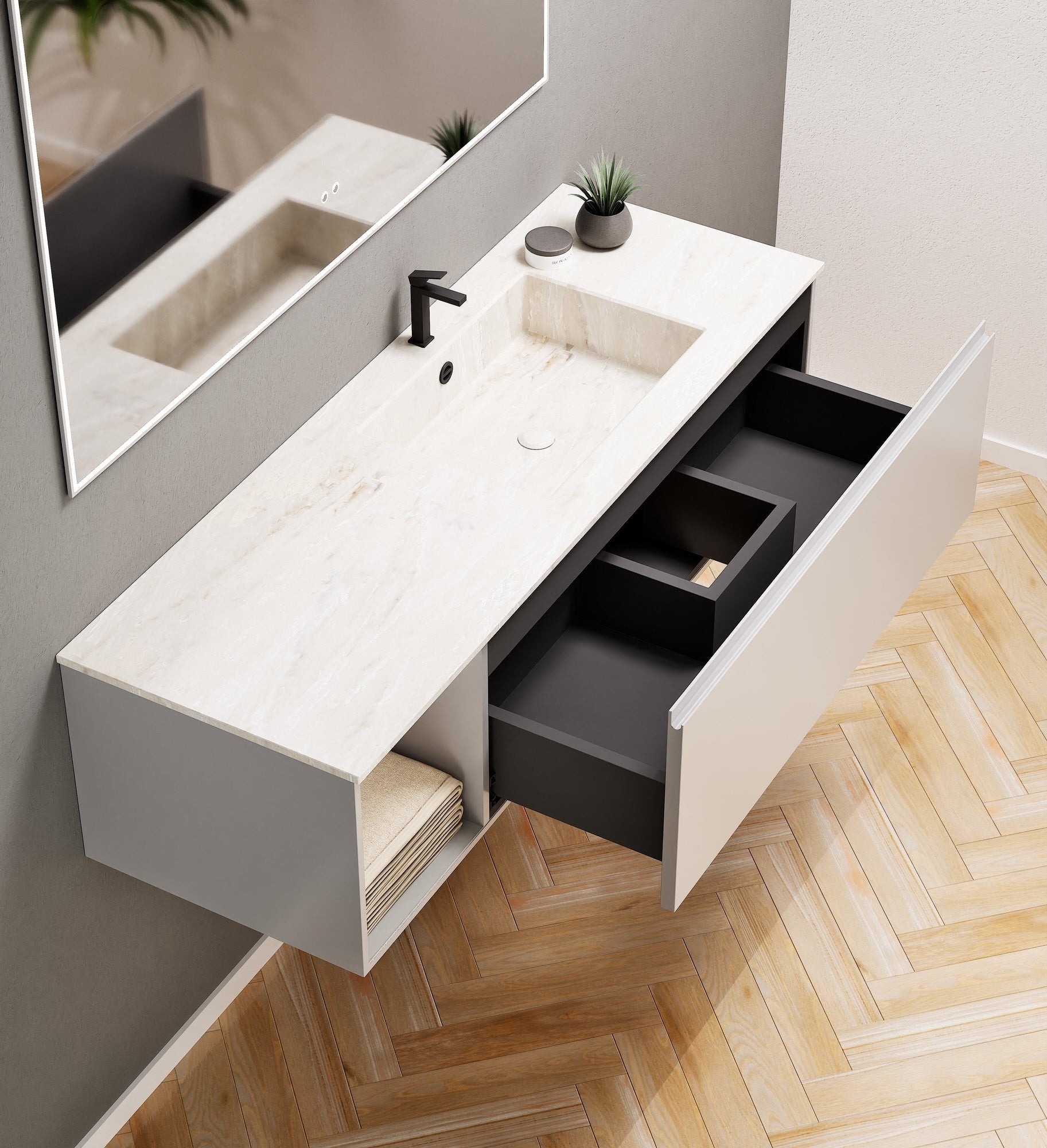 Alba – Corian® Basin Unit with 2 Stacked Drawers vanity & 2 Side Shelves - Rovalux