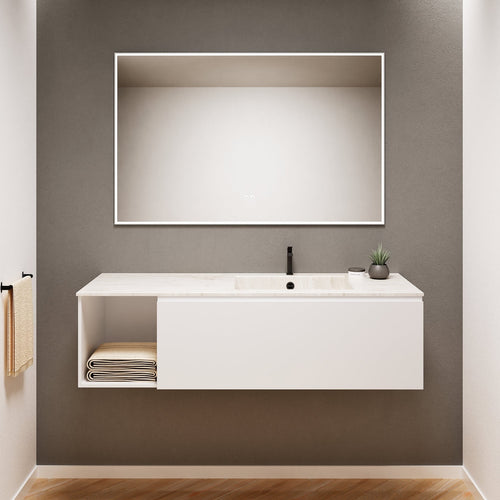 Alba – Corian® Basin Unit with 2 Stacked Drawers vanity & 2 Side Shelves - Rovalux