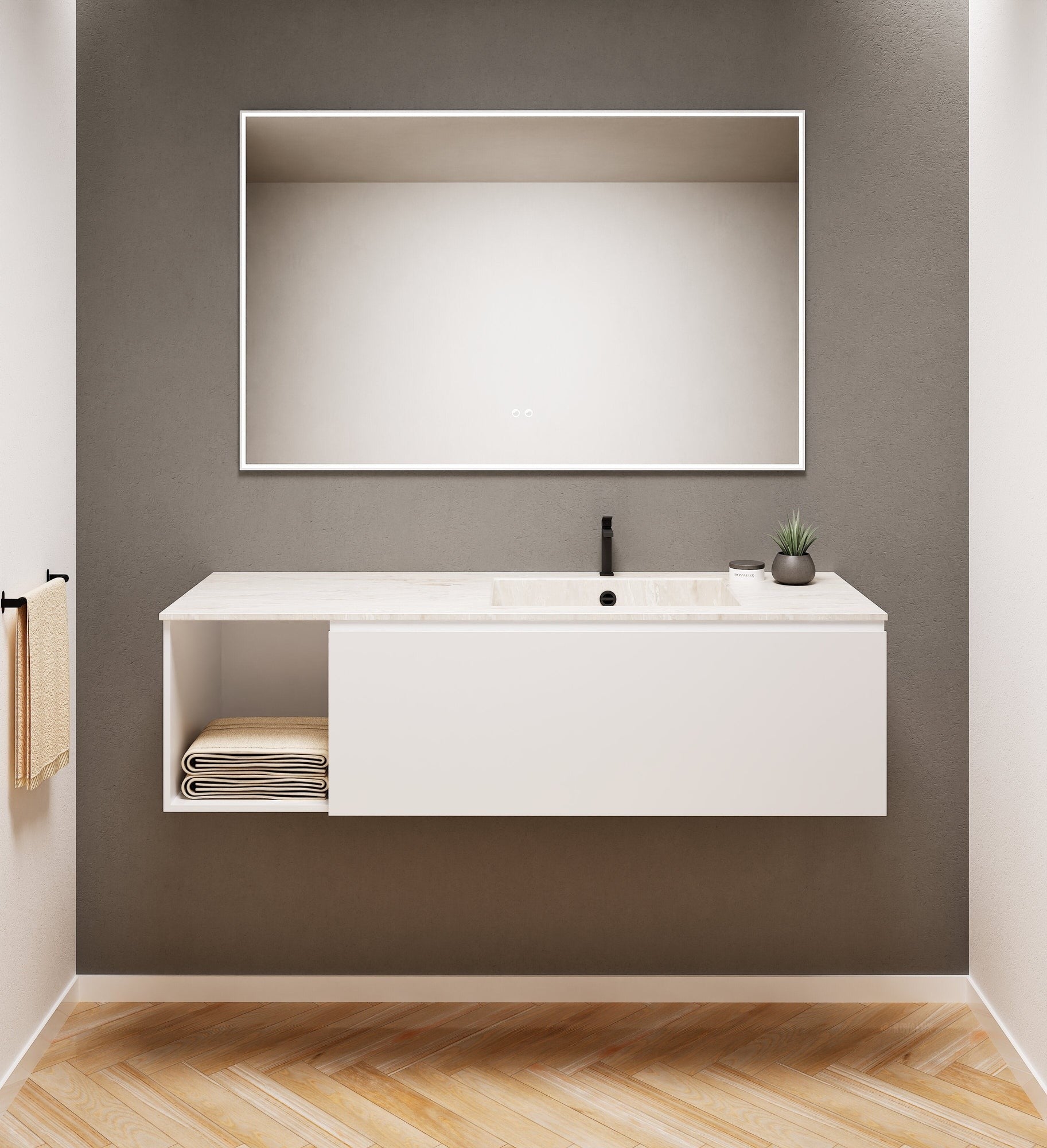 Alba – Corian® Basin Unit with 2 Stacked Drawers vanity & 2 Side Shelves - Rovalux