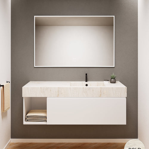 Alba – Corian® Basin Unit with 2 Stacked Drawers vanity & 2 Side Shelves - Rovalux