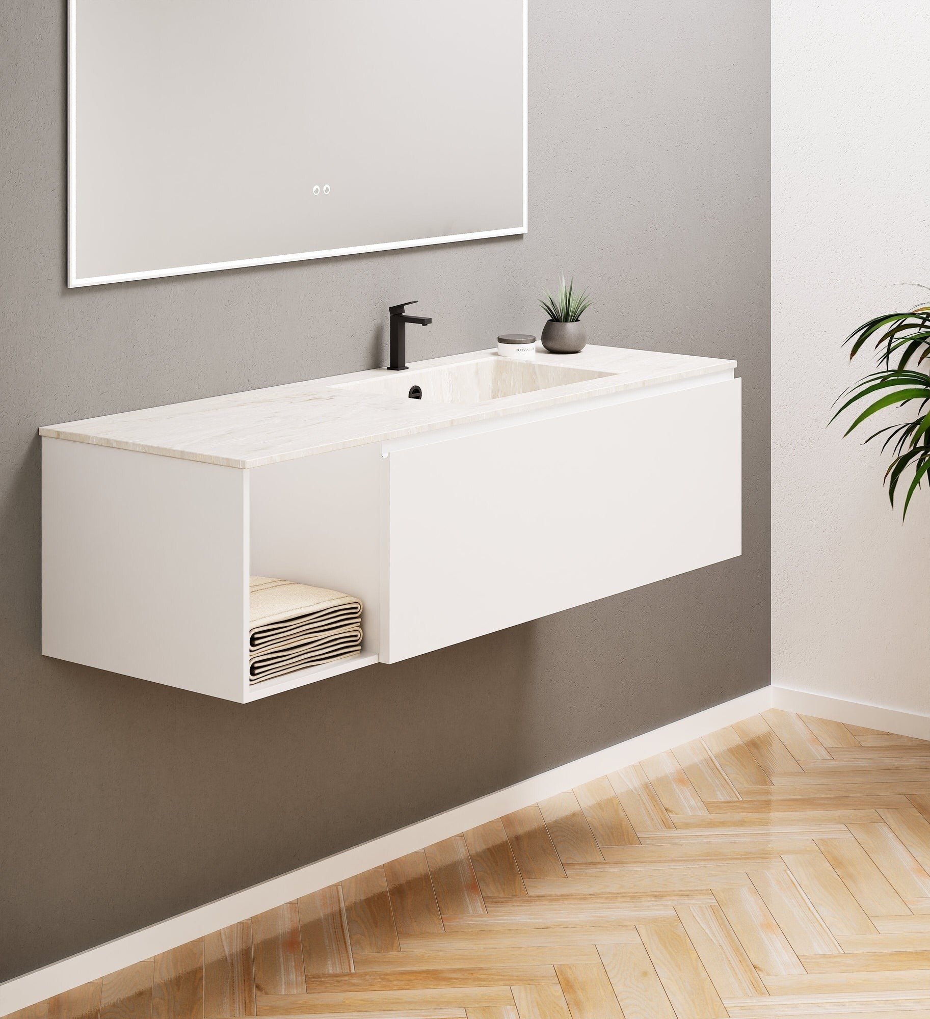 Alba – Corian® Basin Unit with 2 Stacked Drawers vanity & 2 Side Shelves - Rovalux