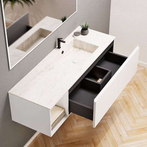 Alba – Corian® Basin Unit with 2 Stacked Drawers vanity & 2 Side Shelves - Rovalux