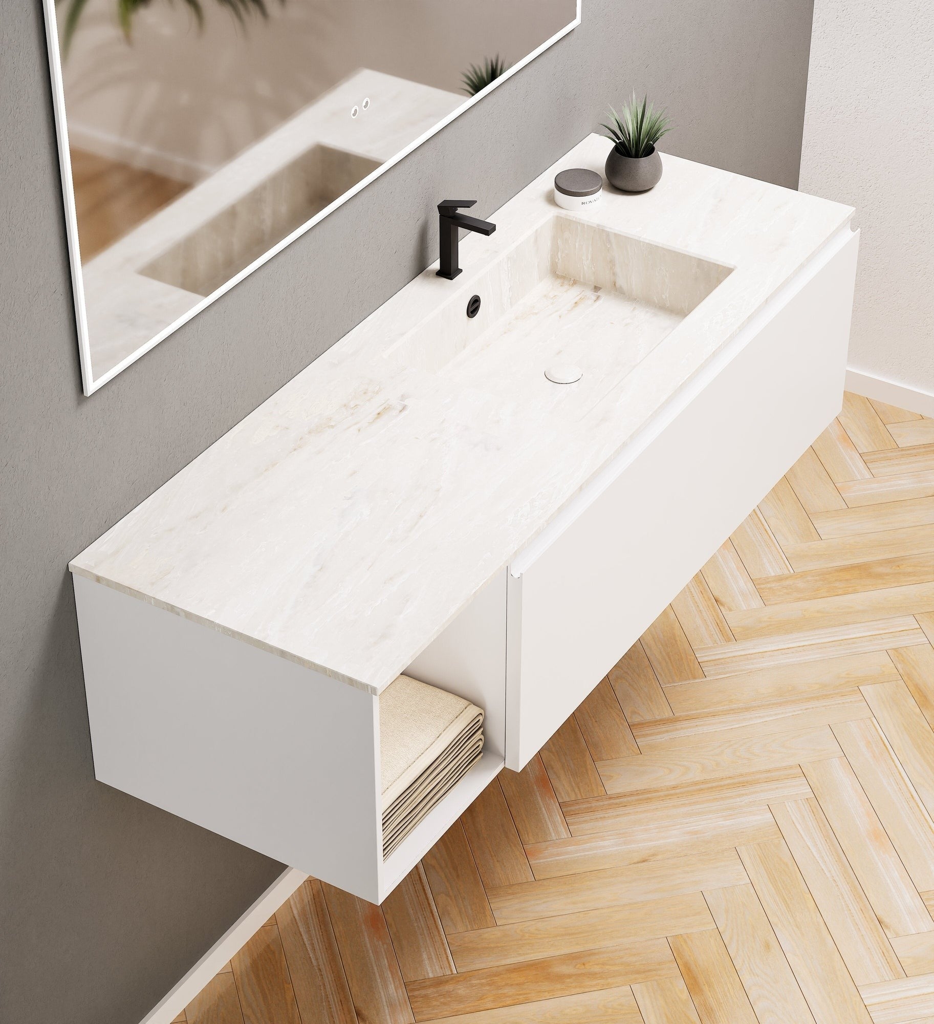 Alba – Corian® Basin Unit with 2 Stacked Drawers vanity & 2 Side Shelves - Rovalux