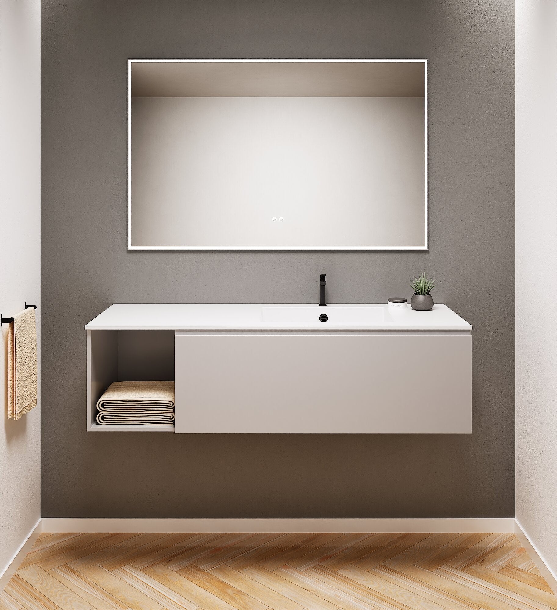 Alba – Corian® Basin Unit with 2 Stacked Drawers vanity & 2 Side Shelves - Rovalux