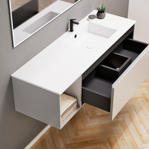 Alba – Corian® Basin Unit with 2 Stacked Drawers vanity & 2 Side Shelves - Rovalux