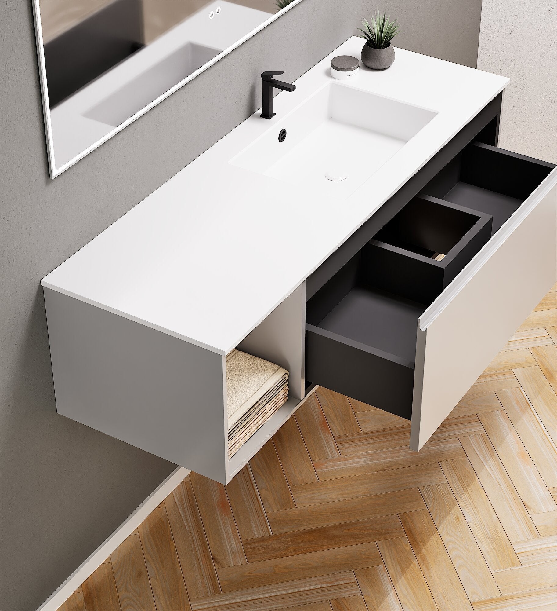 Alba – Corian® Basin Unit with 2 Stacked Drawers vanity & 2 Side Shelves - Rovalux