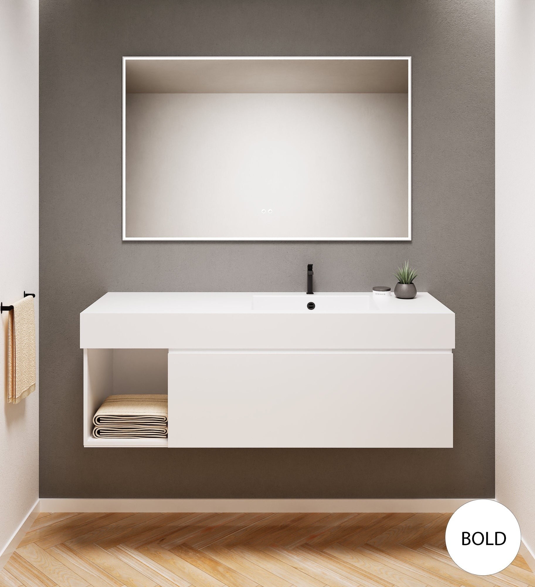 Alba – Corian® Basin Unit with 2 Stacked Drawers vanity & 2 Side Shelves - Rovalux