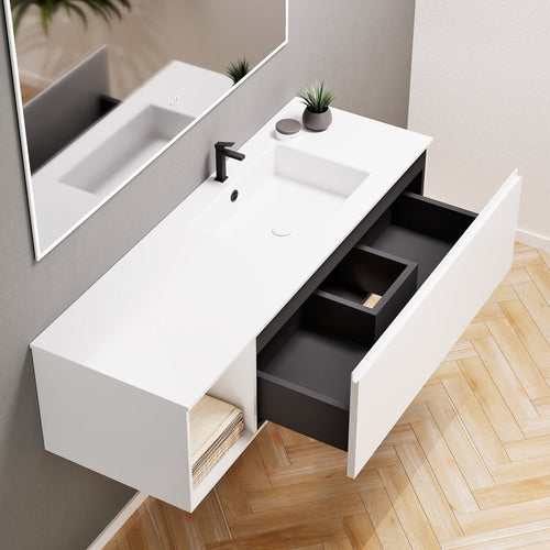 Alba – Corian® Basin Unit with 2 Stacked Drawers vanity & 2 Side Shelves - Rovalux