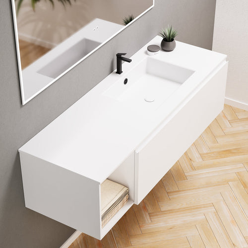 Alba – Corian® Basin Unit with 2 Stacked Drawers vanity & 2 Side Shelves - Rovalux