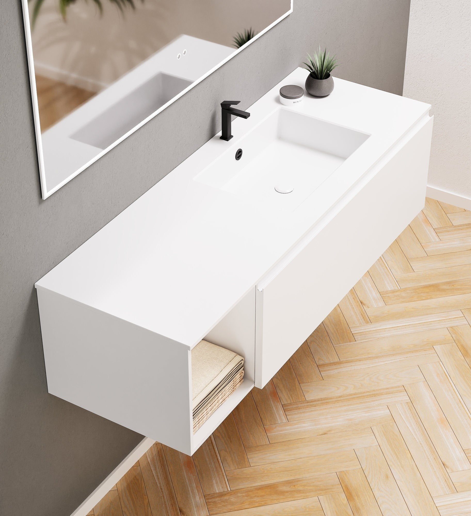 Alba – Corian® Basin Unit with 2 Stacked Drawers vanity & 2 Side Shelves - Rovalux