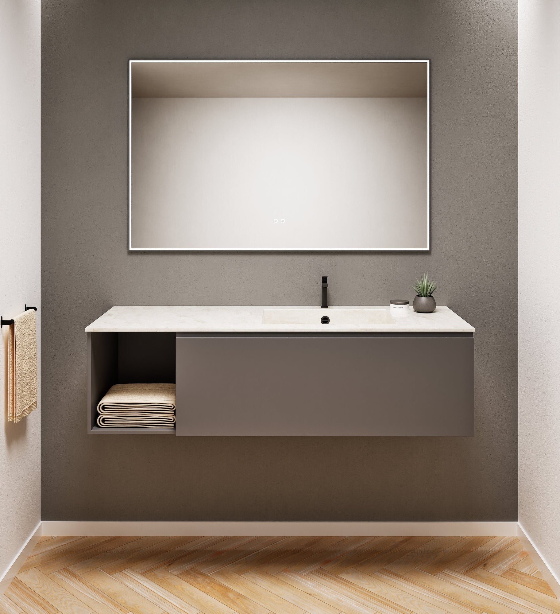 Alba – Corian® Basin Unit with 2 Stacked Drawers vanity & 2 Side Shelves - Rovalux