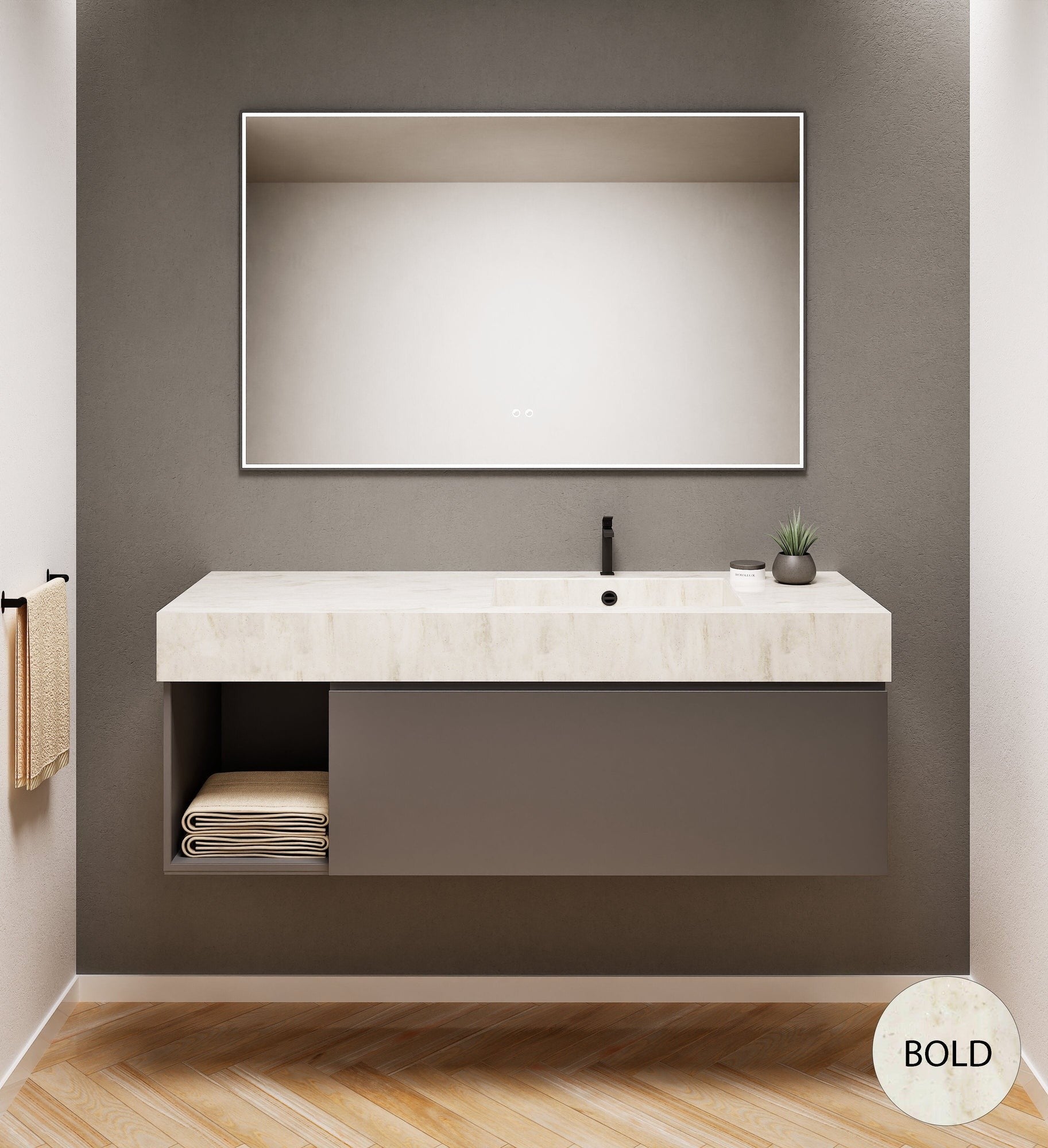 Alba – Corian® Basin Unit with 2 Stacked Drawers vanity & 2 Side Shelves - Rovalux