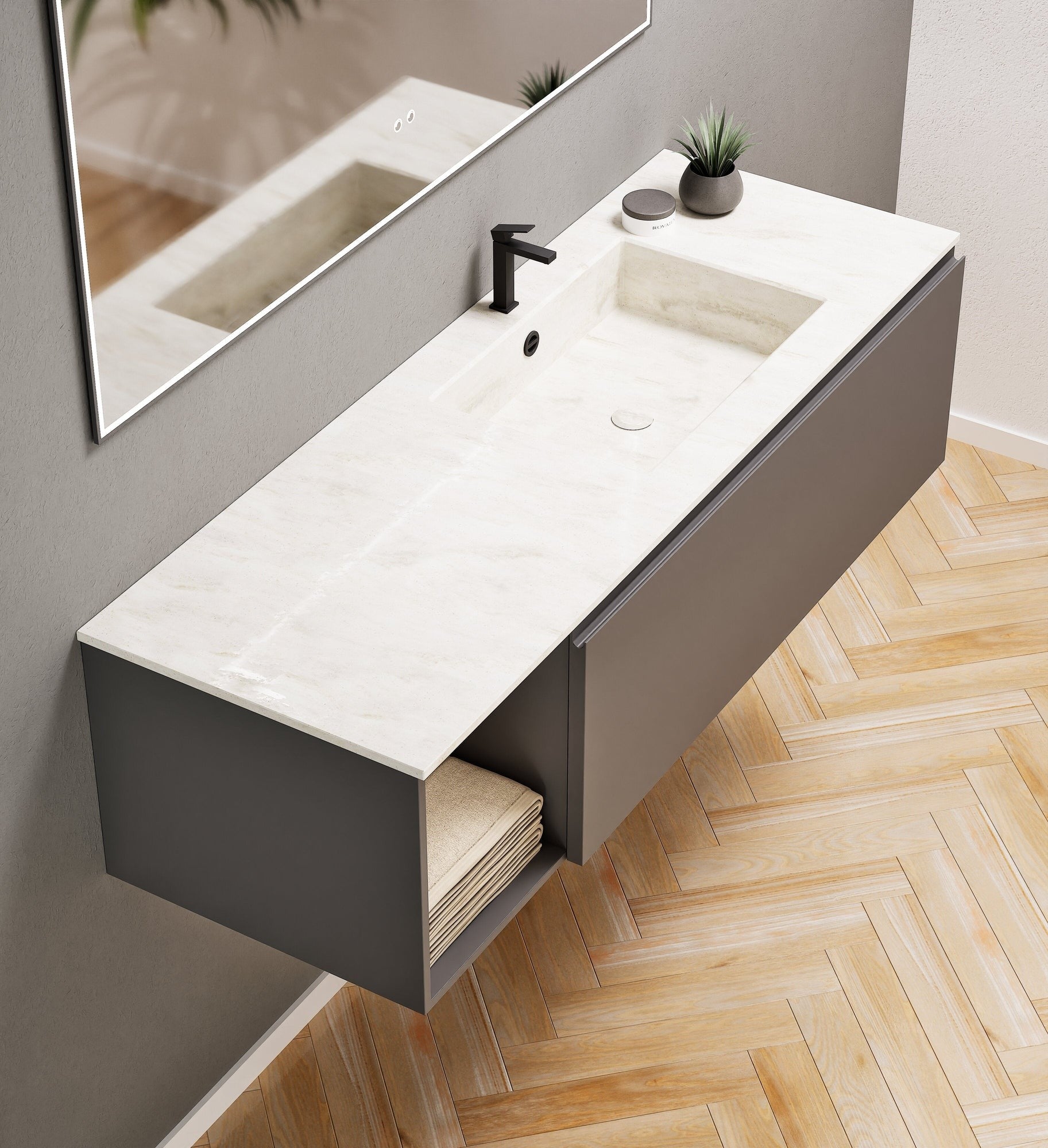 Alba – Corian® Basin Unit with 2 Stacked Drawers vanity & 2 Side Shelves - Rovalux
