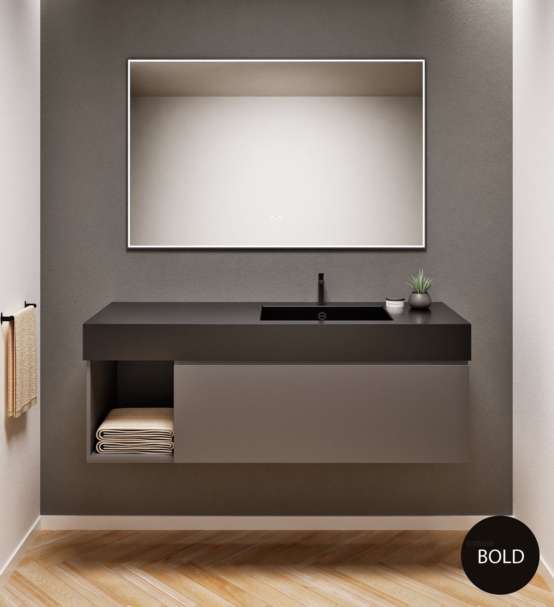Alba – Corian® Basin Unit with 2 Stacked Drawers vanity & 2 Side Shelves - Rovalux